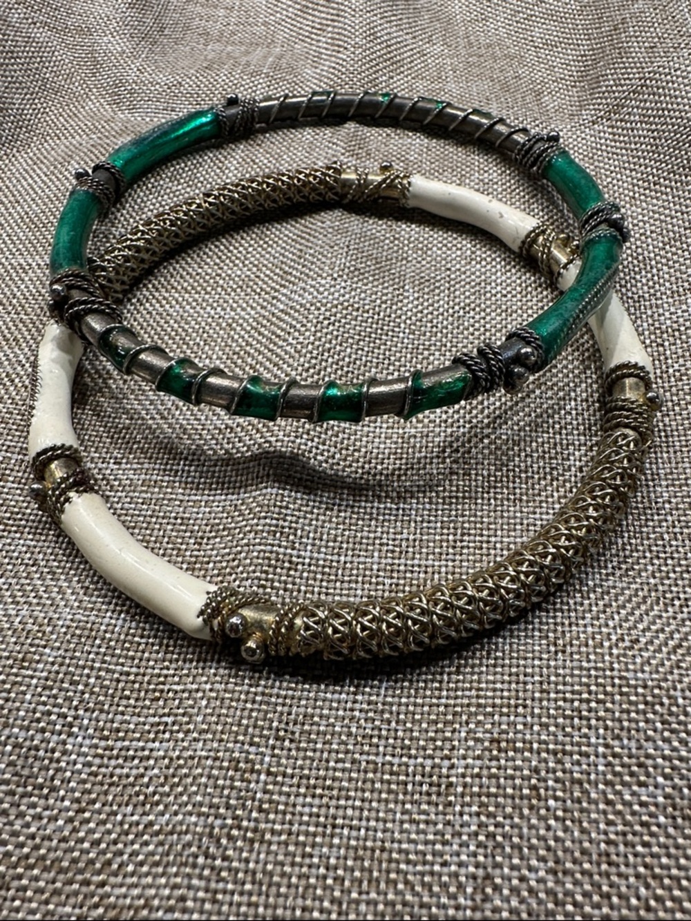 Vintage-Inspired Green and White Bangle Set